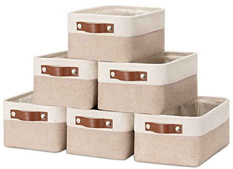 HNZIGE Small Fabric Baskets for Organizing(6 pack) Collapsible Storage Baskets for Shelves, Closets, Laundry, Nursery, Decorative Baskets for Gifts Empty (White&Beige, 11.8 x 7.8 x 5.1)