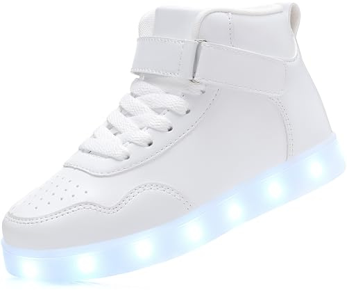 APTESOL Scarpe per Bambini con luci a LED per Ragazzi Ragazze Sneakers Alte Ricaricabili USB [Bianco, EU33]