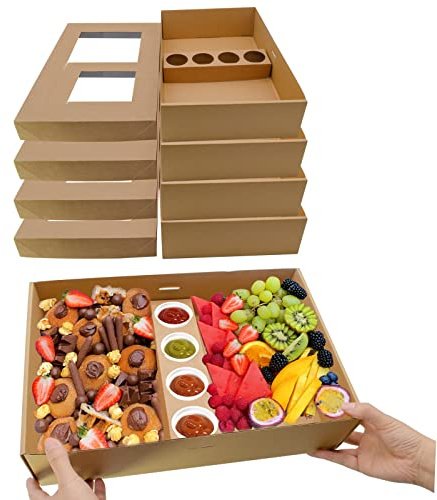 10PK Disposable Picnic Box w/ Lids Serving Tray, Strong Platter Box w/ Gloves Wax Paper To Go for 5-8 People, Stably Filled Deli Food Carrier For Pastry Fruit Food Takeaway (15x10x3.5 Brown)