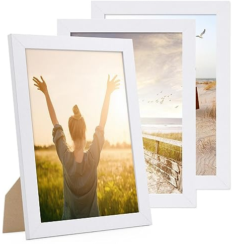 PHOTOLINI Bilderrahmen A4 Weiss Holz MDF, breiter DIN A4 Bilderrahmen 3er Set 21x30 weiß, Rahmen 21x30 din a 4 mit Acrylglas, picture frame zum Aufhängen & Aufstellen, Bilder Rahmen 30x21 mit Zubehör