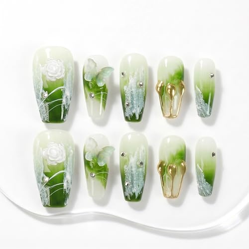 Sun&Beam Nails Handmade Press-On Nails Medium Ballerina Green (#009 M) | Handmade 10-piece set with green ombré, floral and butterfly accents, gold details, and glossy shine