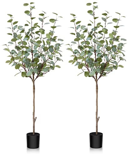 Fopamtri Künstliche Eukalyptus 120 cm Künstliche Pflanze Eukalyptus Deko für Drinnen Draußen Modern Decor Kunstpflanzen Plastikpflanzen im Topf für Home Schlafzimmer Büro Garten (2 Stück)