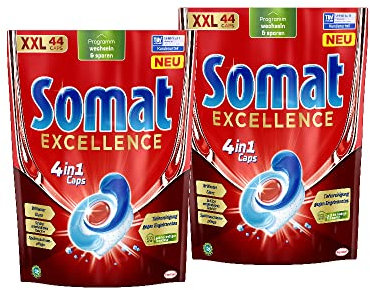Somat Excellence 4in1 Caps (2x44 Caps), schnellauflösende Spülmaschinentabs, für exzellente Reinigung & Glanz sogar im Eco-Programm & bei niedrigen Temperaturen, 88 stück