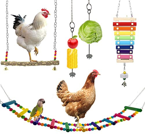5 confezioni di giocattoli di pollo per Coop, uccelli di pollo Xilofono giocattolo altalena naturale a scala flessibile verdure spiedino porta frutta per gabbia per uccelli e pollaio accessori