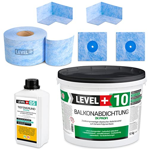 Dichtset 10Kg Balkonabdichtung, Dichtschlämme 2K, Badabdichtung, Dusche, Treppe, Terrasse LEVEL+ SET26 | Treppe, Terrasse LEVEL+ SET26