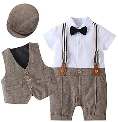Bebé Niño Caballeros Mameluco Trajes Bebé Ropa de Bautizo Vestidos Boda Monos Pajarita Chaleco con Sombrero Cumpleaños Trajes Marrón 2-3 Años