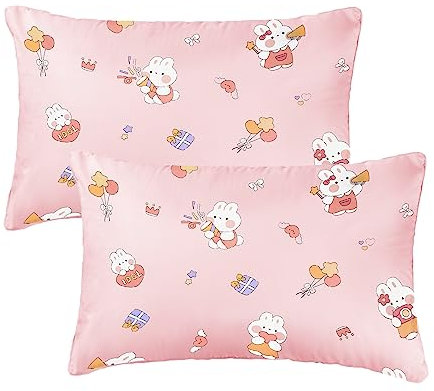 Vicloon Baby Toddler Pillowcase, 2 Pack 100% Cotton Pillow Cover, Cot Bed Pillow Pair Cases 40x60cm, Soft and Breathable Baby Pillowfor Boy & Girl Bedding, Kids Travel Pillow Pillowcase（Pink Bunny）