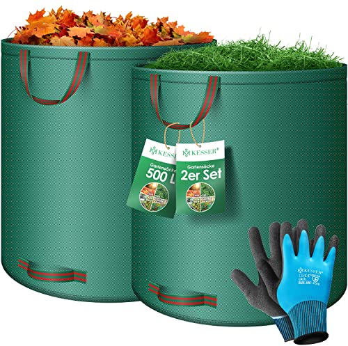 KESSER® Set de sacos para jardín, Saco para residuos de jardín incl. guantes, 4 asas, estable/robusto/plegable - Sacos para hojas, 500 l (2er Pack) / Verde