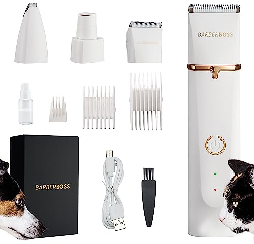 BarberBoss Hundeschermaschine - Pflegeset für kleinere Haustiere mit Trimmer, Schleifer & kleinen Köpfen, 3 Kammaufsätzen, einstellbaren Längen & roten/grünen Lichtanzeigen, QR-9091