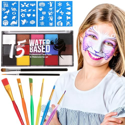 Yoirzit Truccabimbi Kit, Trucca Bimbi Viso, Face Painting Bambini, 15 Colori, Lavabile, Con 40 Stencil, 8 Pennelli Per Halloween, Natale, Carnevale