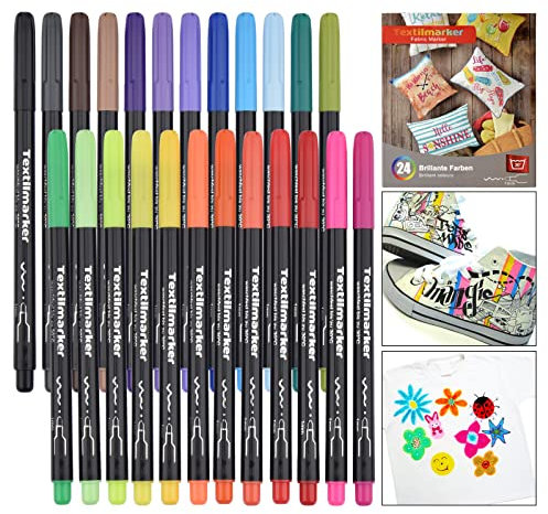 Willingood Waschmaschinenfeste Textilmarker, 24 Wasserfeste Textilstifte in Leuchtenden Farben, Permanent Marker, Stoffmalfarben für Schuhe T-Shirts Taschen Stoffbeutel und Verschiedene Textilien