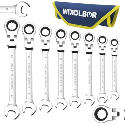 WIXOLBOR Juego de llaves de trinquete de 8 piezas, juego de llaves combinadas de cabeza flexible, métricas de 8 a 17 mm, acero CR-V, chapado en cromo pulido espejo, con bolsa rodante