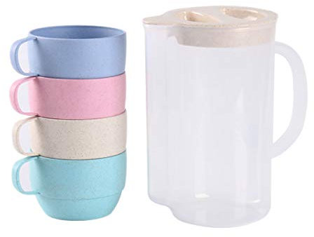 Fünfteiliges Weizenstroh-Kaltkessel-Set Saftkanne mit großer Kapazität Tasse Haushaltskanne Hausgebrühter Tee Kaltkessel-Set für hausgemachten Eistee und Saft