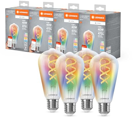 LEDVANCE SMART+ MATTER LED-Lampe, kompatibel mit Google, Alexa, Apple, Weißglas, 4,8W, 470lm, E27, Farblicht & Weißlicht, App- oder Sprachsteuerung, bis zu 15.000 Std. Lebensdauer, 4-Pack