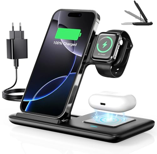 Vunzo 3 In 1 Faltbarer Induktive Ladestation,Kabelloses Ladegerät für iPhone 14 13 12 11 Pro Max/Se Xs/Xr/X/8+,Wireless Charger für Galaxy S22 S21/S20,für Apple Watch 7/6/Se/5/4/3/2/1,Airpods Pro/2/3
