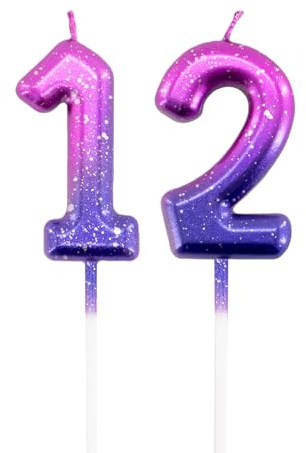 Purple Birthday Number Candles 12, Glitter Happy Birthday Candles for Cake Topper Decoration for Party Wedding Anniversary Celebration Supplies Girls Boys