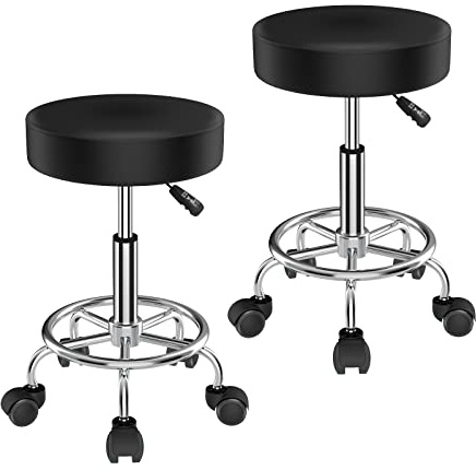 HAMHAIGO Juego de 2 taburetes con Ruedas Taburete de Grueso Acolchado Altura Ajustable 49-64cm Taburete de Esteticista Silla Maquillaje Taburete de Oficina para peluquería y Oficina