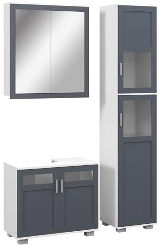 kleankin Conjunto de Baño Incluye 1 Columna de Baño 1 Armario de Baño con Espejo y 1 Mueble para Debajo del Lavabo con Puertas de Vidrio y Estantes Ajustables Blanco