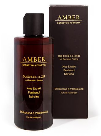 AMBER DUSCHGEL ELIXIR mit Bernstein Peeling, Aloe Extrakt, Panthenol und Spirulina 250ml; Erfrischend & vitalisierend für alle Hauttypen