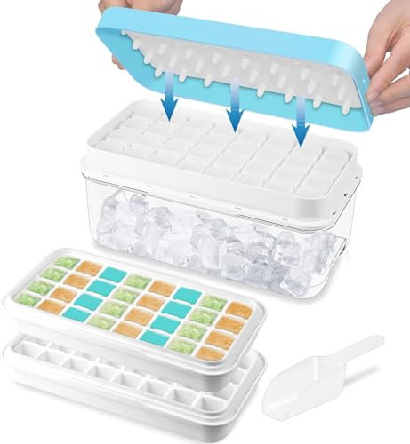 Ice Cube Tray, Square Ice Cube Maker with Lid and Bin, Double Layers and Spill-Proof Large Ice Cube Moulds with Scoop, Easy Release & BPA Free 64 Ice Trays for Freezer, Whiskey, Cocktails (Baby Blue)