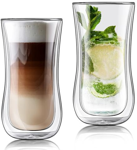 Joeyan 400ml Tazas de Café de Cristal Grande, Juego de 2 Tazas de Vidrio Borosilicato, Vaso Termico Frio de Doble Pared Transparente,para Té,Cerveza,Agua,Latte,Leche,Cappuccino,Macchiato,Sidra