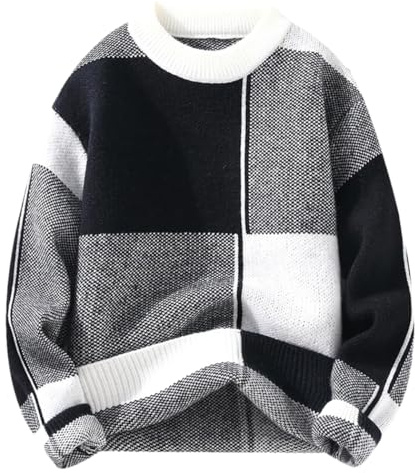 REHJJDFD Men's Knitted Sweaters Warm Jumpers Plaid Patterns Pullovers Tops White M