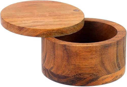 Spiritual Gifts Acacia Wood Salt and Spice Box with Magnetic Swivel Lid Handmade Rustic Round Storage for Kitchen Seasonings