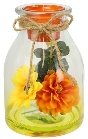 Värmeljushållare av glas med LED-ljus, värmeljus, höstdekorerad med svampar, ekorre, höstlöv, 16 cm, dekoration, konstgjorda blommor, ljusstake, ljushållare, bordsdekoration, ljus, vindljus, lampa,