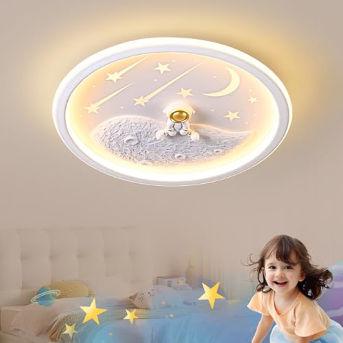 LED Kinder Deckenlampe, Astronaut Mond Deckenleuchte Dimmbar Mit Fernbedienung, Schlafzimmer Decke Kindergarten Beleuchtung Junge Mädchen Kinder Lampen Decke Kinderzimmer Schlafzimmer Lampe, 50cm Weiß