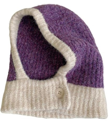 FJIXUO Kapuzenschal Frauen Hut 2 In 1 Stretchy Farbe Block Knopf Verschluss Verdickt Herbst Winter Erwachsene Stricken Hals Wärmer Kappe Streetwear Für Den Außenbereich(Purple)