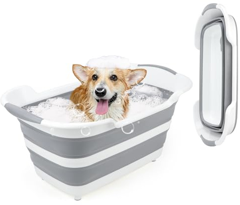 FHTONGE Erhöhte faltbare Hundebadewanne mit Drainage und Haarfänger, 27 l, multifunktionale Haustierwaschwanne für kleine bis mittelgroße Hunde und Katzen, tragbares Duschbecken, Wäschekorb