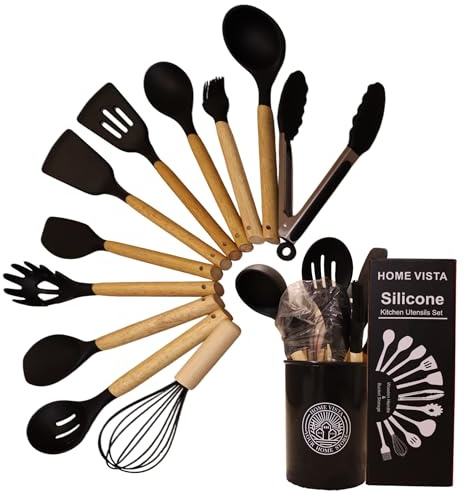 Home Vista 12 Pcs Silicone Cooking Utensils Set with Holder – Heat Resistant, BPA-Free Tools for Non-Stick Cookware – Ideal for Homes, Daily Cooking & Gifting – Black Kitchen Set