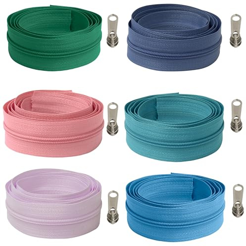 Aerzetix - Kit Cerniera a Spirale 6x1 m N°5 + 18 cursori in Metallo N°5 Non bloccabili - Colore Lilla Chiaro, Verde, Rosa, Blu-Verde, Blu Laguna, Blu