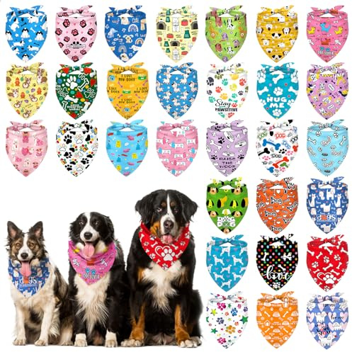 30PCS Dog Bandanas for Medium and Small Dogs, Washable Pet Triangle Scarfs, Adjustable Soft Polyester Bibs with Cute Patterns, Breathable Dog Neck Accessories for Grooming, Birthday, and Daily Wear