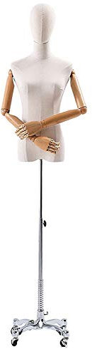 Weiblicher Schaufensterpuppen-Torsokörper mit Holzarm und Metallrädern, höhenverstellbarer Oberkörper für Frauen, Schaufensterpuppen-Mannequin-Schneiderpuppe zur Präsentation von Kleidung, Stoffkopf-S