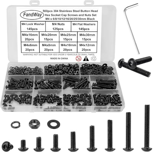 FandWay M4 Schrauben Set,560 Stück Linsenkopf Schrauben mit Innensechskant,Rundkopf Gewindeschrauben,Sechskantschrauben Edelstahl 304 Schwarz Epoxid,Maschinenschrauben Muttern und Unterlegscheiben.