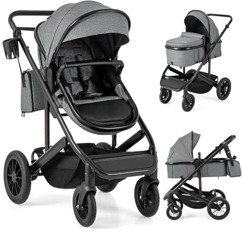 COSTWAY 3 in 1 Baby Stroller, Foldable Aluminum Frame Travel System Pram with Reversible Seat, Adjustable Canopy & Handle, Diaper Bag, Infant Newborn Pushchair for 0-36 Months (Grey)
