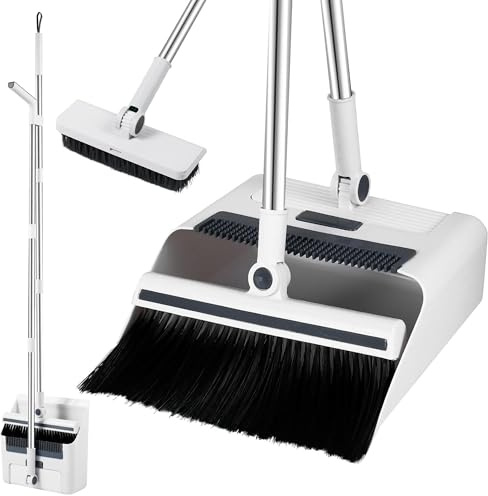 FISHTEC - Ensemble Balai ménage 3 en 1 - Poils Souples pivotant 180°, Brosse Poils durs, Pelle basculante Peigne intégré - Rangement Vertical Compact