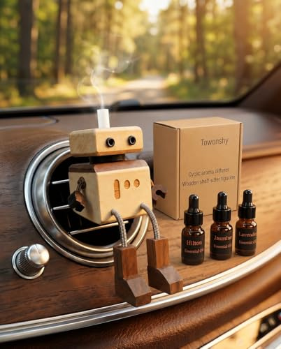 Ambientador de Coche Muñeco de Madera Oscilante con 3 Aromas (Lavanda/Healtonn/Jazmín), Difusor de Fragancia para Auto, Figura de Madera Hecha a Mano, Adorno Oscilante para Coche - Madera Natural