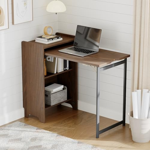 PREMTURE Tavolo pieghevole con vano portaoggetti, scrivania pieghevole da parete per piccola stanza, casa e ufficio, marrone, 53 × 30 × 82 cm, pieghevole fino a 97,5 cm