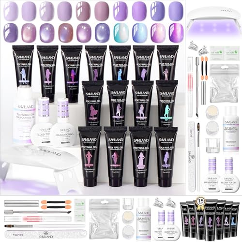 Saviland Color Artistry Poly Extension Gel Nagel Kit: Glow & Go 15 Lila Poly Nagel Gel Kit Enfärgat Cat Eye Duochrome med nagellampa Nagelkonstverktyg Nagelförlängningsset för dansfest Nagelkonst