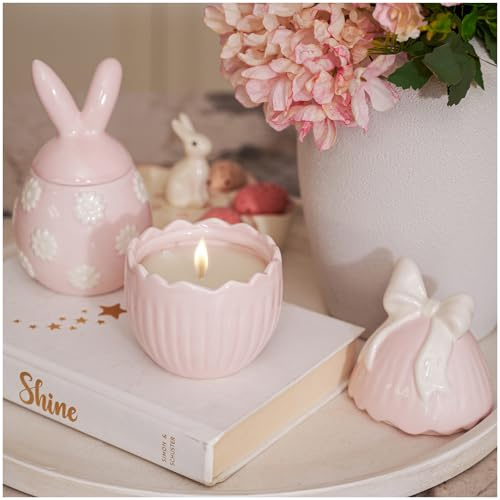 WDS WONDROUS 2-Pack Easter Bunny & Bow Ceramic Jar Candles, Egg Shaped Soy Wax Scented Candles with Daisy and Striped Design, Spring Home Decor Gift Set for Women, Pink Farmhouse Table Centerpiece