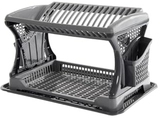 GIOCOKIDS Escurridor de Platos Grande Negro/Gris de Plástico – Escurreplatos con Doble Bandeja y Cesta para Cubiertos 51x28x35 cm