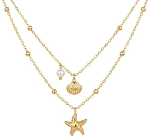 Exquisite Shell Necklace Jewellery for Women, Bohemian Layered Starfish Chain Beach Holiday Long – Seashell Ocean Theme Pendants, Delicately Crafted Jewellery Gifts (Starfish Shell Pearl Necklace)