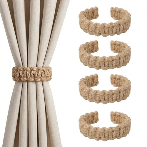4 Stück Vorhang Raffhalter Boho gardinenhalter, Geflochtene Vorhanghalter Raffhalter Ohne Bohren für Gardinen, Vorhangverbinder für Zuhause Draußen Schlafzimmer Büro Dekorative Vorhänge - Naturfarbe