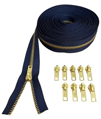 Endlosreißverschluss Metall Gold mit Zipper 5mm Reißverschlüsse meterware (Dunkelblau, 1 Meter + 2 Zipper)