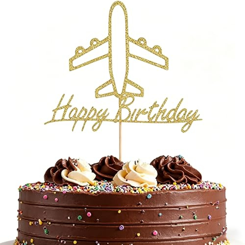 Airplane Cake Topper - Gold Glitter Cardboard Happy Birthday Airplane Themed Party Cake Decoration Supply - New Baby for Photo Booth Prop - Travel Theme Cake Topper for Kids Adult