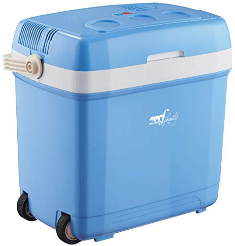 Frigo Portatile Melchioni Elettrico Modello CONSERVO30 con Capacità 27 litri, Interruttore Caldo-Freddo e Cavi Inclusi, con Ruote e Doppia Maniglia, Classe F, Colore Azzurro (Ricondizionato)