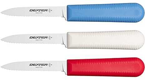 Dexter Russell S104SC-3RWC Sani-Safe 15423 Paring Knife Set, 3-1/4 Scalloped Edge DEXSTEEL High Carbon Stain-Free Steel Blade, Non-Slip Red, White and Blue Polypropylene Handles, 3 Pack, Made in USA