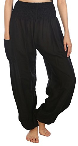 Lofbaz Mujer Pantalones Harem Boho de Cintura alforzada Solid Negro L
